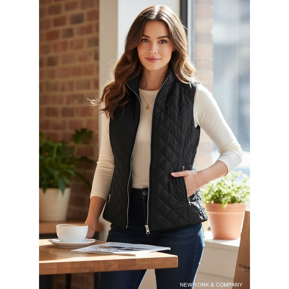 New York & Company Quilted Black Full Zip Up Sleeveless Sweater Vest -XS